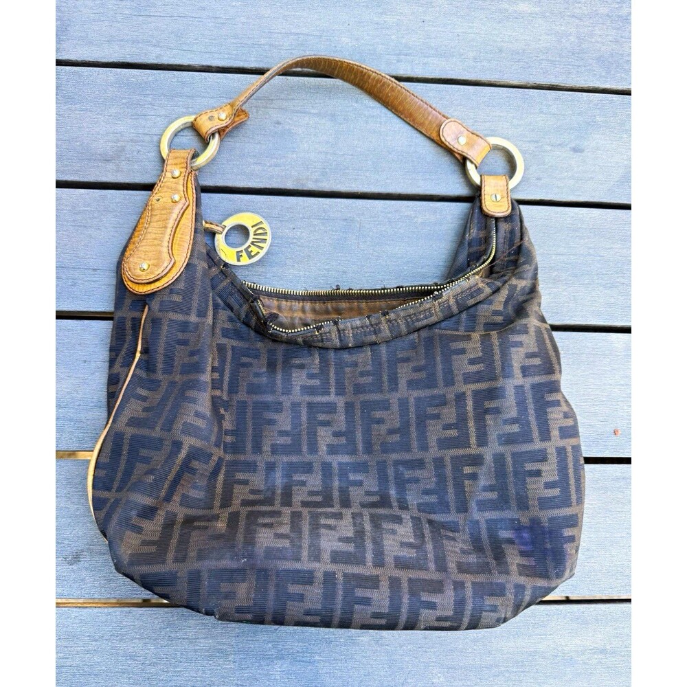 Vintage Fendi Zucca FF Monogram Canvas Hobo Shoulder Bag Logo Charm Italy